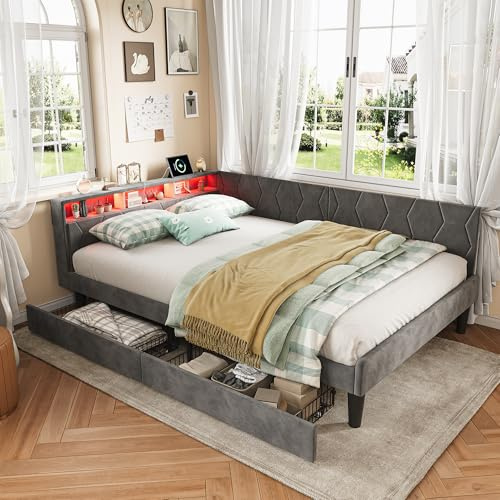 WSOFZMO Schlafsofa 140x200 cm, Polsterbett mit 2 Schubladen, Daybett Tagesbett mit mit LED, Jugendbett Bettgestell mit USB und Typ-C, Samt, ohne Matratze (NEU GRAU 140 * 200)