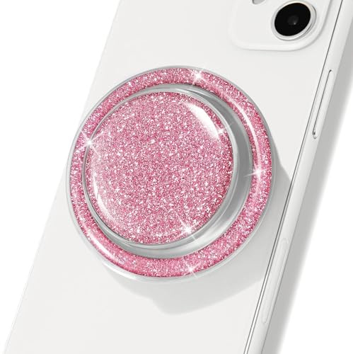 Cell Phone Accessory Compatible with Magsafe Magnetic Pink Glitter and Transparent Collapsible Mobile Phone Grip Stand Holder for Smartphone