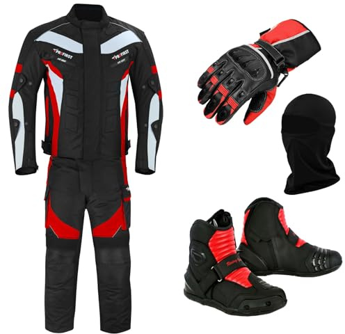 Full Set of Waterproof Motorbike 2 Piece Suit Motorcycle Protective Clothing in Cordura Fabric CE Approved Armours - Jacket + Trouser + Boots + Gloves + Balaclava