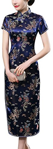 Laogudai Robe Asiatique Traditionnelle Femme Longue Robe Chinoise Qipao Motif Dragon et Phénix Col Montant Cheongsam Qipao à Manche Courte pour Soirée Cérémone Cocktail 44 Bleu foncé