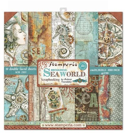 STAMPERIA SBBS13 Papierblock 10 Blätter 20.3 x 20.3 (8 x 8) doppelseitig Sea World, Mehrfarbig