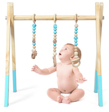 GOPLUS Baby Gym Spieltrapez, Baby Fitnesstrainer aus Holz, mit Spielzeug, Spiel- und Greiftrainer, für Kinder über 3 Monate, zur Verbesserung von Griffigkeit und Koordination (Grün)
