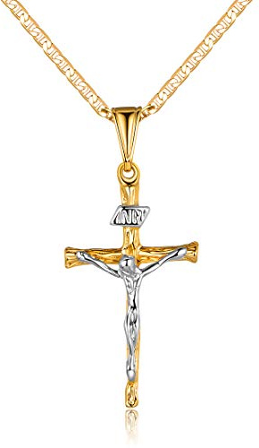 Barzel Gold Cross Necklace for Women & Men 18K Gold Plated Flat Mariner/Marina Chain Necklace 3MM With Cross Pendant - Made In Brazil (Two Tone Cross, 20)