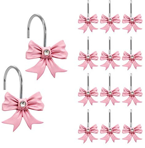 Gracelife 12PCS Decorative Shower Curtain Hooks, Pink Bow Knot Resin Curtain Hooks Shower Rings for Bathroom Baby Room Nursery Art Decors (Bow Knot)