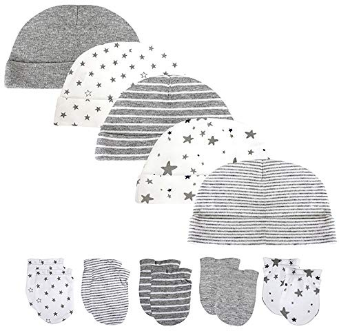 Chamie Baby-Mütze und Fäustlinge, Set für Neugeborene,für Babys, Jungen und Mädchen, 0–6 Monate, 100% Baumwolle (Grau)