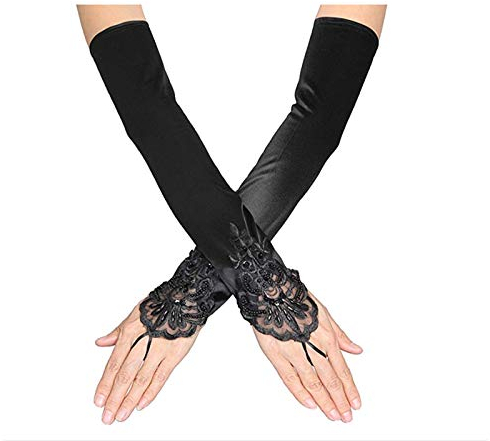 SUNTRADE Damen Spitze Satin Braut Party Fingerlose Handschuhe Pailletten Elegant (schwarz)