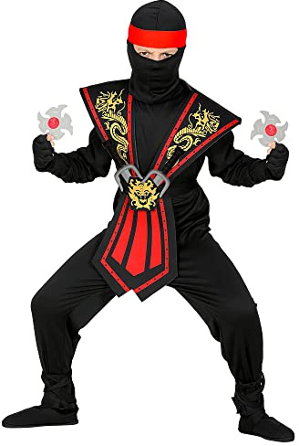 Widmann - Barndräkt Ninja med vapenset, svart – röd, kämpar, krigare, Japan, temafest, karneval