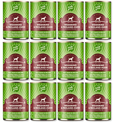 Irish Pure Premium Nassfutter für Hunde | 12x 390g | Weiderind | Vitamine | Getreidefrei | Sensitiv | mit Superfood Kelp-Alge | Nassfutter für alle Rassen