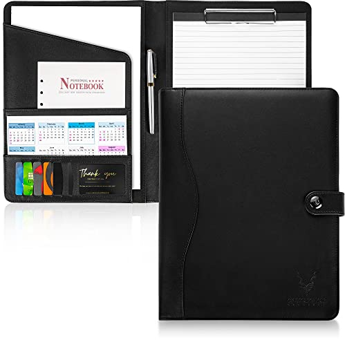 AMKSONS Schreibmappe A4 in Schwarz inklusive Klemmbrett & DIN A4 Notizblock - Premium Konferenzmappe aus PU-Leder mit Dokumentenfächern, Stiftehalter, Klappdeckel und Magnetverschluss