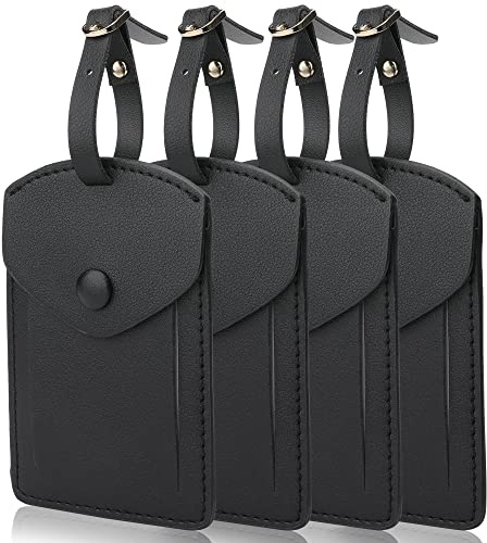 Kevancho Leder-Gepäckanhänger für Herren und Damen, Koffer-Etiketten, Gepäck-Taschenanhänger, ID-Tags mit voller Rückseite, Reisezubehör, Anhänger-Set mit 4 Stück (schwarz)