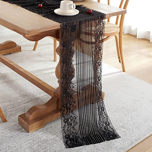 Spitzen Tischläufer Rechteckige Häkelspitze Hohle Mesh Tischdecke Dekoratives Tischband Edle Tischdeko für Rustikale Boho Geburtstage Hochzeit Party Esstisch Wohnzimmer Deko,160 x 38cm Schwarz