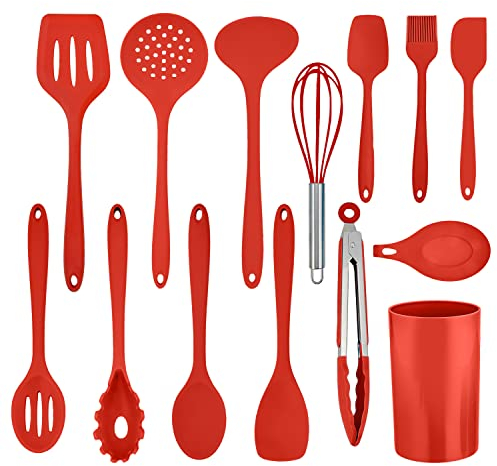 Herogo Set di utensili da cucina, 14 pezzi, in silicone, con supporto per utensili, resistenti al calore, set da cucina, lavabili in lavastoviglie, colore: rosso