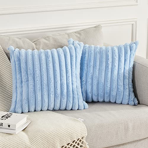 Joyouth 2er Set Doppelseitige Plüsch Samt Kissenbezüge Weiche Künstliche Pelz Kissenbezüge Dekorativ für Couch Sofa Schlafzimmer Wohnzimmer Zuhause 45x45 cm Blau