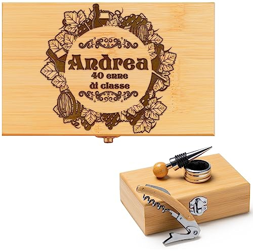 Stileitaliano Set da Vino Personalizzato in Legno 3 accessori incisione personalizzata idea regalo compleanno kit sommelier (Grafica 3)