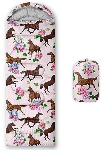 QOOMO Rosa Blume 3D Pferd gedruckt Camping Schlafsäcke, 3 Jahreszeiten warmes und kühles Wetter, leicht, wasserdichte Schlafsäcke für Erwachsene und Kinder, Reisen und Outdoor, Campingausrüstung, 78,7