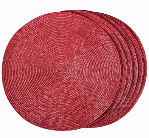 HODJOY Runde Platzsets 6er-Set, runde gewebte Tischmatten für Esstisch, waschbar, rutschfeste Tischsets für Weihnachten, 38,1 cm (dunkelrot)