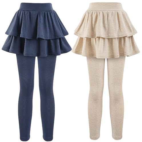 GUOGUOWU Girls School Uniform Pants Leggings with Skirts Stretch Warm Jegging 4-12 Years Navy Blue Khaki 2-Pack 7-8 Years