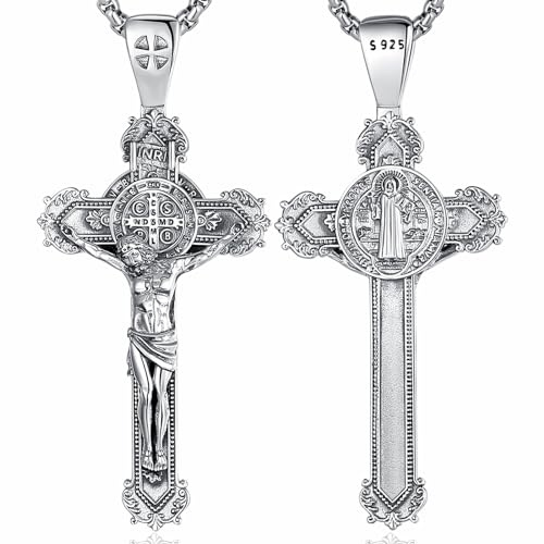 CELESTIA Collar Cruz de San Benito Plata de ley Medalla San Benito de Protección Colgante Crucifijo Joyeria para Hombre Mujer Regalo Católicos Cristiano Regalos para Mama Papa Dia del Padre