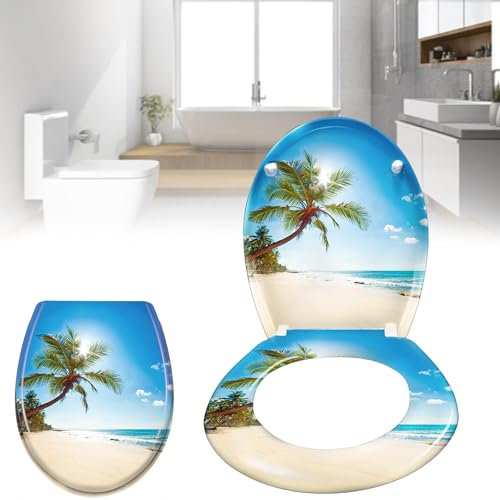 YARDIN WC Sitz mit Absenkautomatik Toilettendeckel Toilettendeckel Klodeckel Klobrille mit absenkautomatik Toilettensitz Verschiedene Muster, Strand