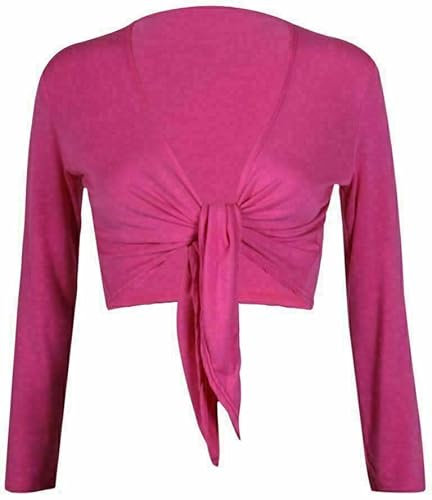 Womens Long Full Sleeves Cropped Top Ladies Shrug Tie Up Front Bolero Wraps Crop Front Knot Knitted Stretchy Summer Causal Open Cardigan Fuchsia