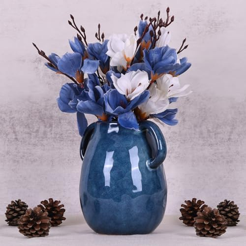 Jarrón de cerámica azul con 2 asas, moderno jarrón rústico de granja, decorativo de terracota para sala de estar, centro de mesa, entrada y cocina