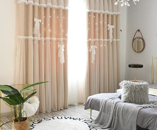 Beydodo Gardinen mit Haken für Schiene, Vorhänge Lichtdurchlässig 2er Set 107x115CM Doppellagig mit Voile Sternen Motiv Gardinen Halbtransparent Wohnzimmer Kinderzimmer, Beige