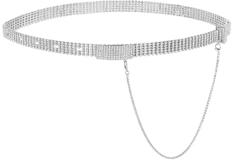 CHIC DIARY Damen Glitzer Strassgürtel Mode Glitzergürtel für Abendkleind | Strass Kettengürtel Silber/Gold Taillengürtel Kleidgürtel Dekorativer Gürtel Verstellbarer Rhinestone Belt 104CM