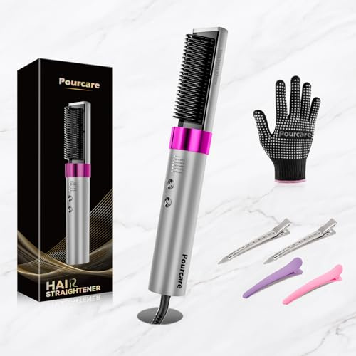 Pourcare Heated Straightening Comb & Styler - 3 Temp Settings Free Heat-Resistant Gloves & Hair Clips Create Frizz-Free Silky Hair (2-in-1)