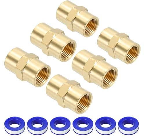 PATIKIL 1/8 x 1/8 Brass NPT Coupler with Sealing Tape, 6 Set Female Hex Head Pipe Fitting Coupling for Home Plumbing Pipes Shower Head Bases Coupling, Gold