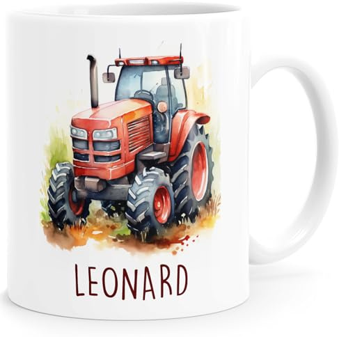 SpecialMe® Kindertasse Namenstasse Traktor Feuerwehrauto Rennwagen Auto Drache Keramikbecher Geschenk Kinder Jungen Weiss standard