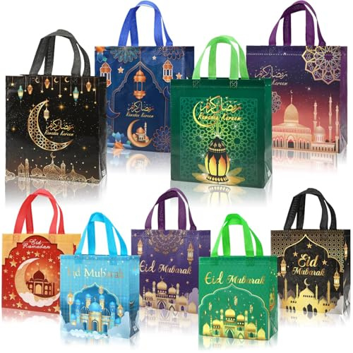 DTOFOOT Eid Mubarak Tüten, 9 Stück Eid Mubarak Geschenktüte 2 Größen Ramadan Tüten mit Griffen Ramadan Geschenktüten für Party
