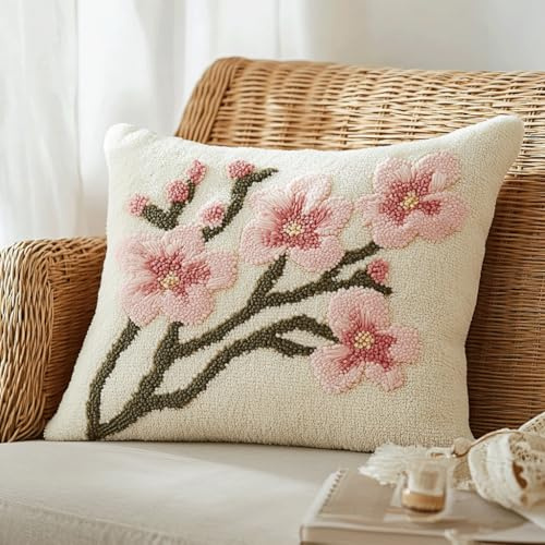 ASONGLINGO Latch Hook Cushion Kits, Latch Hook Pillow Case Kits Embroidery Kits, DIY Needlework Pillow Cover Cushion Rug Making Kit,17X17inch(Pink Floral Branches)
