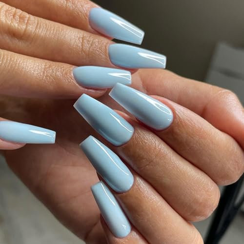 24pcs Baby Blue False Nails Long Square - Acrylic Coffin Press on Nails - Glossy Summer Fake Nails with Glue Solid Color - Full Cover Stick on Nails Glue-on nails for Women Daily Wear