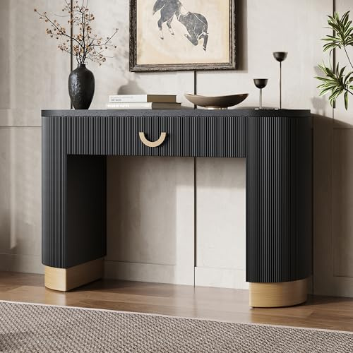 Merax Modern Vertical Ribbed Console Table with Functional Storage Drawer & Column Legs, Entryway Hallway Sofatable for Living Room, Black
