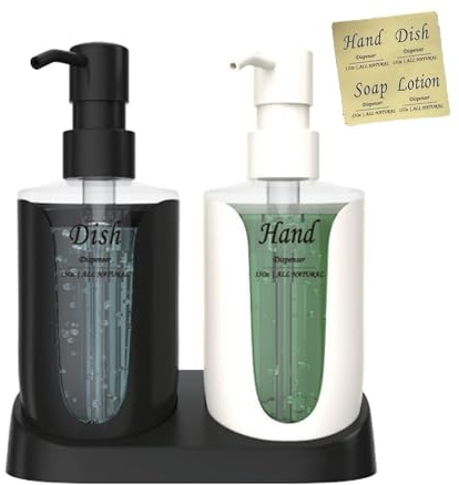 Hand- und Spülseifenspender mit Schwarzer Unterlage & 4 Aufklebern, 450ml Plastik-Spülseifenspender für Küchenspüle & Badezimmer, Nachfüllbarer Seifen- und Lotion-Set (Schwarz & Weiß)