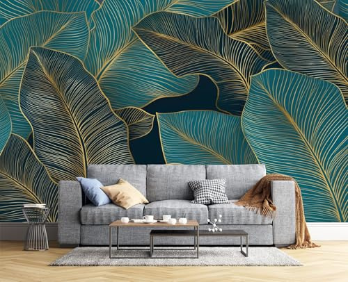 JSCWDET Papier Peint Design Végétal Minimaliste Soie, Sarcelle Poster Geant Mural 3D Pour Salon Chambre Décoration Murale,Feuille De Bananier À Lignes Dorées,250×175 Cm (W×H)