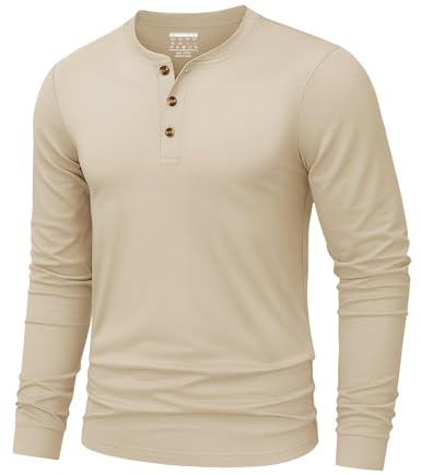 TACVASEN Camiseta Algodon Hombre Camiseta Hombre Manga Larga Invierno Tops Henley Tshirt Básicas de Botones Corte Regular Camisa Casual Caqui, L