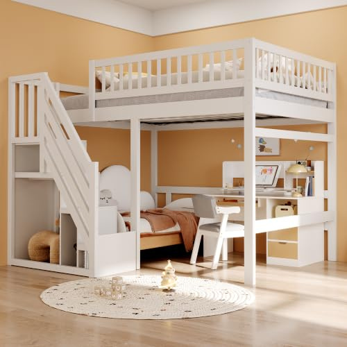 LANTRO JS Kinder Hochbett 140x200 cm mit Treppe und Stauraum, Weiß | Etagenbett Treppe mit Aufbewahrungs Schrank, Raumfreundliches Design Hochbett für kleine Zimmer oder Gemeinschaftsräume
