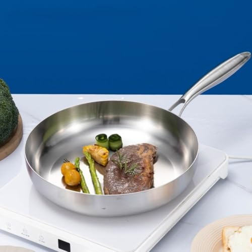 Padella con coperchio, padella a triplo strato in acciaio inox, base piatta, manico rivettato resistente al calore per induzione, fornelli a gas ed elettrici (22 cm)