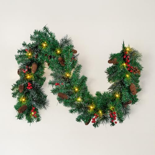 BLUE BAZAAR 1PC 6FT Christmas Garland with LED Lights Artificial Wreath | 6FT Christmas Garland with Lights – Artificial pine wreath with LED lights, bow berries, for fireplace, stairs holiday decor.