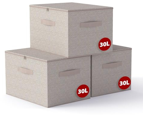 Sekey Aufbewahrungsbox mit Deckel, Faltbare Stoff Box mit Griffen, Aufbewahrungskiste & Organizer für Kleidung im Kleiderschrank & Spielzeug im Kinderzimmer - 3er Set, 40x30x25cm, Sandbeige