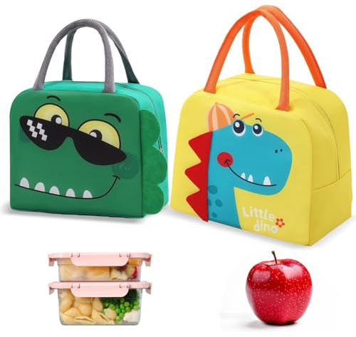 HAUZMLL 2PCS Lunch Bag, Cute Insulated Lunch Bag,Portable Lunch Box with Cartoon Design, Foldable Reusable Lunch Cooler Bags for Travel Work Picnic and Office （Dinosaur）
