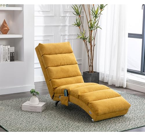 ZIDEY Relaxliege mit sanfter Vibrationsfunktion und Seitentaschen, Ergonomie Relaxsessel, Liegesessel, Chaiselongue für Büros, Wohnzimmer und Schlafzimmer, Gelb