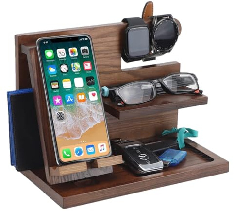 Homeily Docking station per telefono in legno, supporto multifunzione per telefono, orologio, chiavi, occhiali e articoli da ufficio, idea regalo per uomini, papà, organizer da comodino per casa