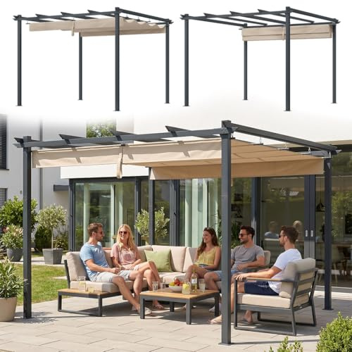 STEELSØN Xyriela Pergola 3x3m mit Schiebedach – freistehende Terrassenüberdachung aus Stahl – Gartenpavillon für Terrasse & Grill – wetterfester Grillpavillon Sonnen-/Sichtschutz – anthrazit/macchiato