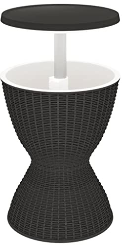 HPUYRFG 3-in-1 Gartentisch mit Kühlbox aus Polypropylen in Schwarz, als Cocktailtisch und Couchtisch nutzbar, mit Rattan-Optik Design, Ablaufstöpsel und Drehverschlusssystem für Stabilität