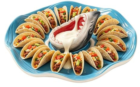 Shark Sushi Plate | Ceramic Sauce Compartment Fish Dish - Dipping Sauce Bowl Plate - for Charcuterie, Taco, Fish, Octopus, Cheese, Burger, Cheeseburger, Seafood, Shrimp