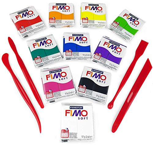 FIMO Soft Polymer Oven Modelling Clay - 57g - Beginners Set - 10 Colours + FIMO Modelling Tools