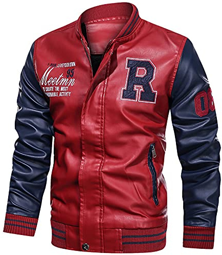 Hommes Veste Casuel Cuir PU Teddy Baseball Blouson avec Doublure Jackets Rouge S