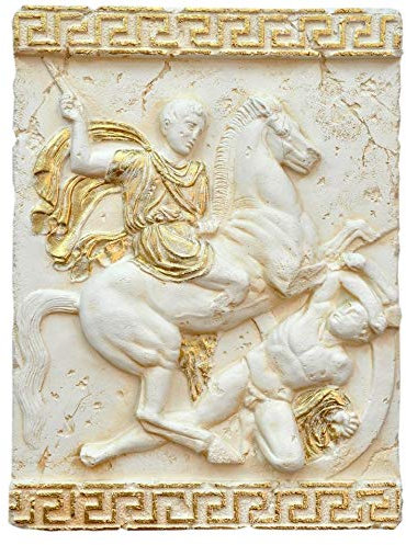 Antikes Wohndesign Griechisches Wandbild Wandrelief Mäandermuster Reiterkampf Creme Beige Gold